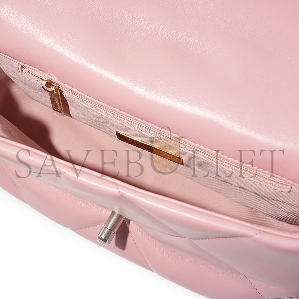 CHANEL BABY PINK QUILTED LAMBSKIN 19 FLAP BAG PALE GOLD AND RUTHENIUM HARDWARE AS1160 (26*16*9cm)